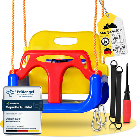 CLOUDHAPPY® Baby swing 3 in 1 [6 months to 6+ years] | Adjustable children's swing for outdoor & indoor use | High-quality swing with backrest & safety harness included