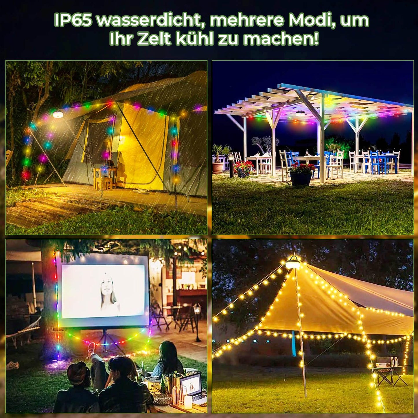 10m Solar Camping String Lights, Warm White+RGB Camping String Lights, Solar&USB Charging, 13 Modes Outdoor Camping Lamp with Remote Control, 130 LEDs Portable Camping Lights for Camping.