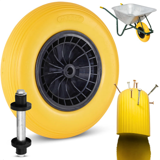 MESO® wheelbarrow wheel 4.80 4.00-8 Ø 400 mm with axle - solid rubber puncture-proof PU tire - wheel for wheelbarrow, garden cart - replacement wheel solid rubber tire plastic rim - 200KG load capacity