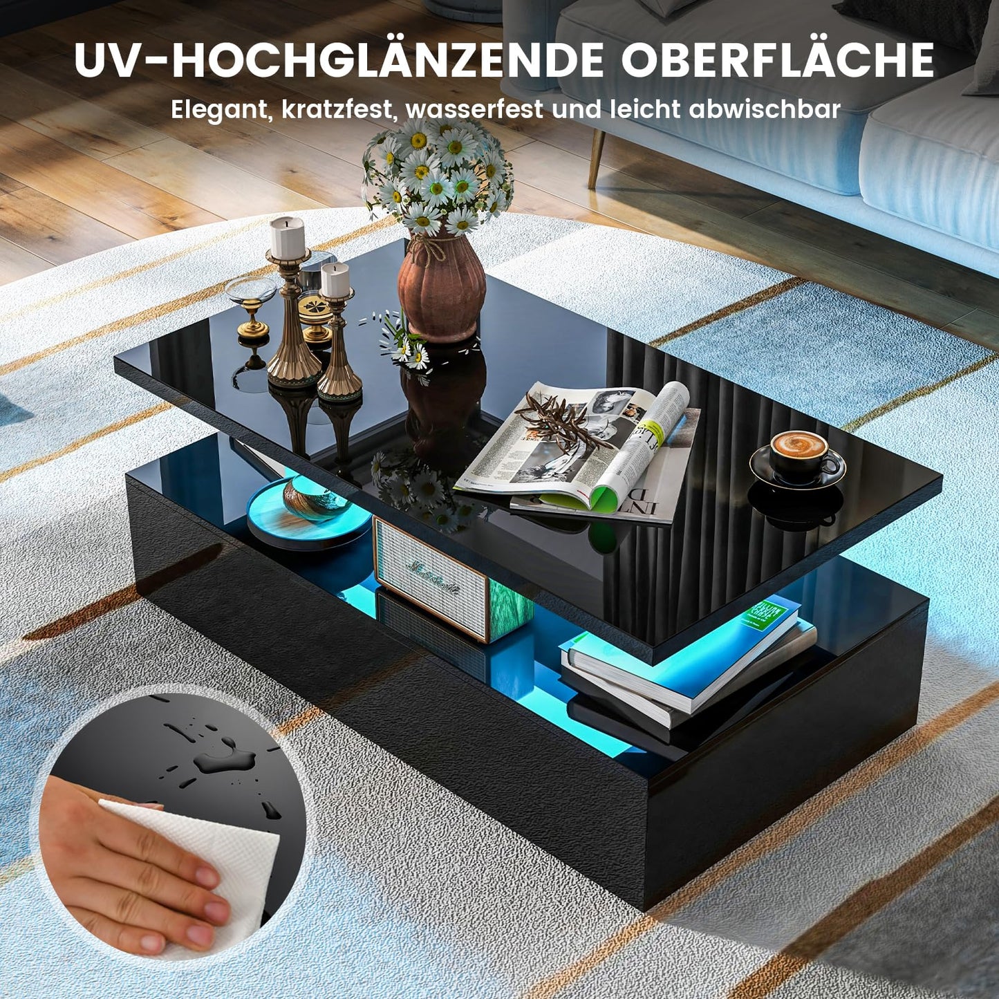 COSTWAY LED coffee table high gloss, living room table with adjustable light colors & brightness, remote control, 2-tier coffee table, rectangular sofa table for living room, black, 110 x 60 x 40 cm.