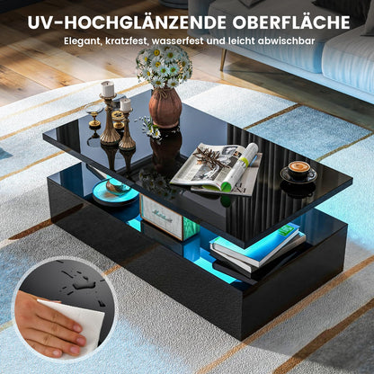 COSTWAY LED coffee table high gloss, living room table with adjustable light colors & brightness, remote control, 2-tier coffee table, rectangular sofa table for living room, black, 110 x 60 x 40 cm.