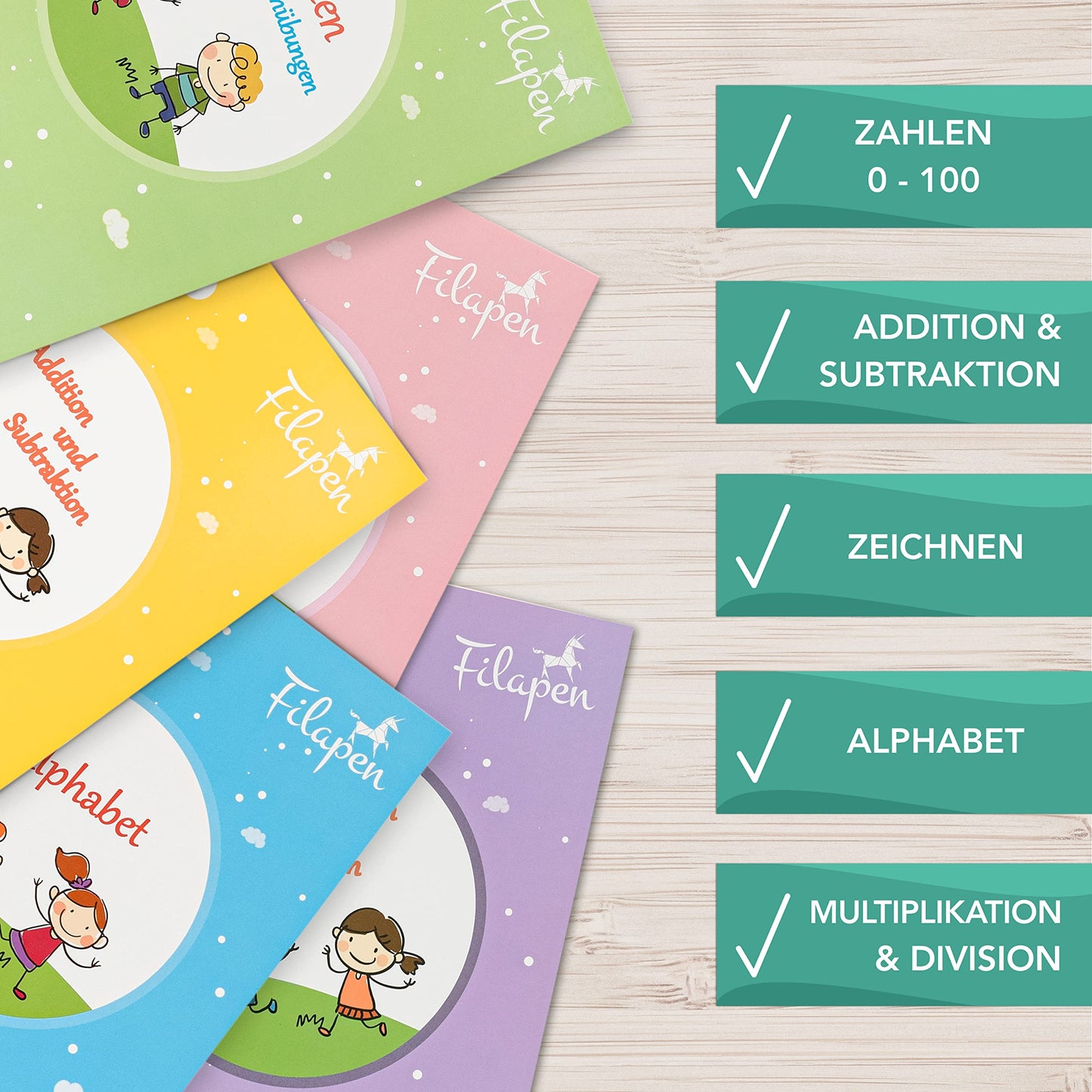 Filapen® 5 Piece Magic Exercise Booklets German I Reusable Exercise Booklets for Preschoolers I Preschool Reading Learning I Ideal for School Entry I Writing Learning I 26cmx18cm