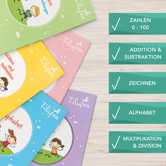 Filapen® 5 Piece Magic Exercise Booklets German I Reusable Exercise Booklets for Preschoolers I Preschool Reading Learning I Ideal for School Entry I Writing Learning I 26cmx18cm