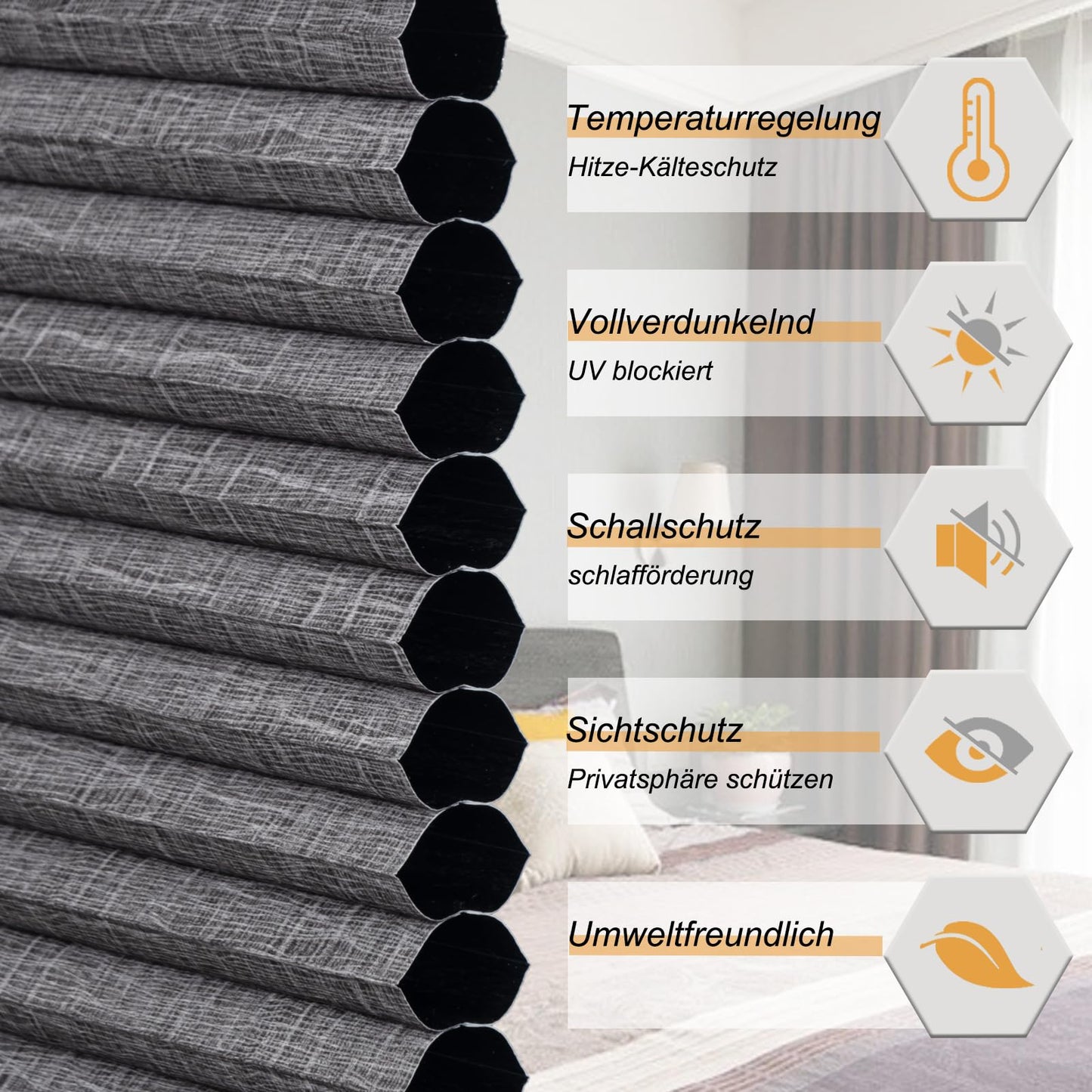 WOLTU Honeycomb Pleated Shade without Drilling Darkening Thermal Double Pleated Shade Clamp Fix Two-Tone 75x200 cm Dark Grey-White, Pleated Folding Blind Sun, Sight & Sound Protection, Venetian Blind Pleated Blind for Window & Door