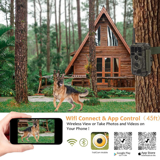 BlazeVideo WiFi Trail Camera with App, Wildlife Camera Night Vision Photo Trap 64MP 1296P Connect through APP Bluetooth Antenna with Night Vision Motion Sensor.