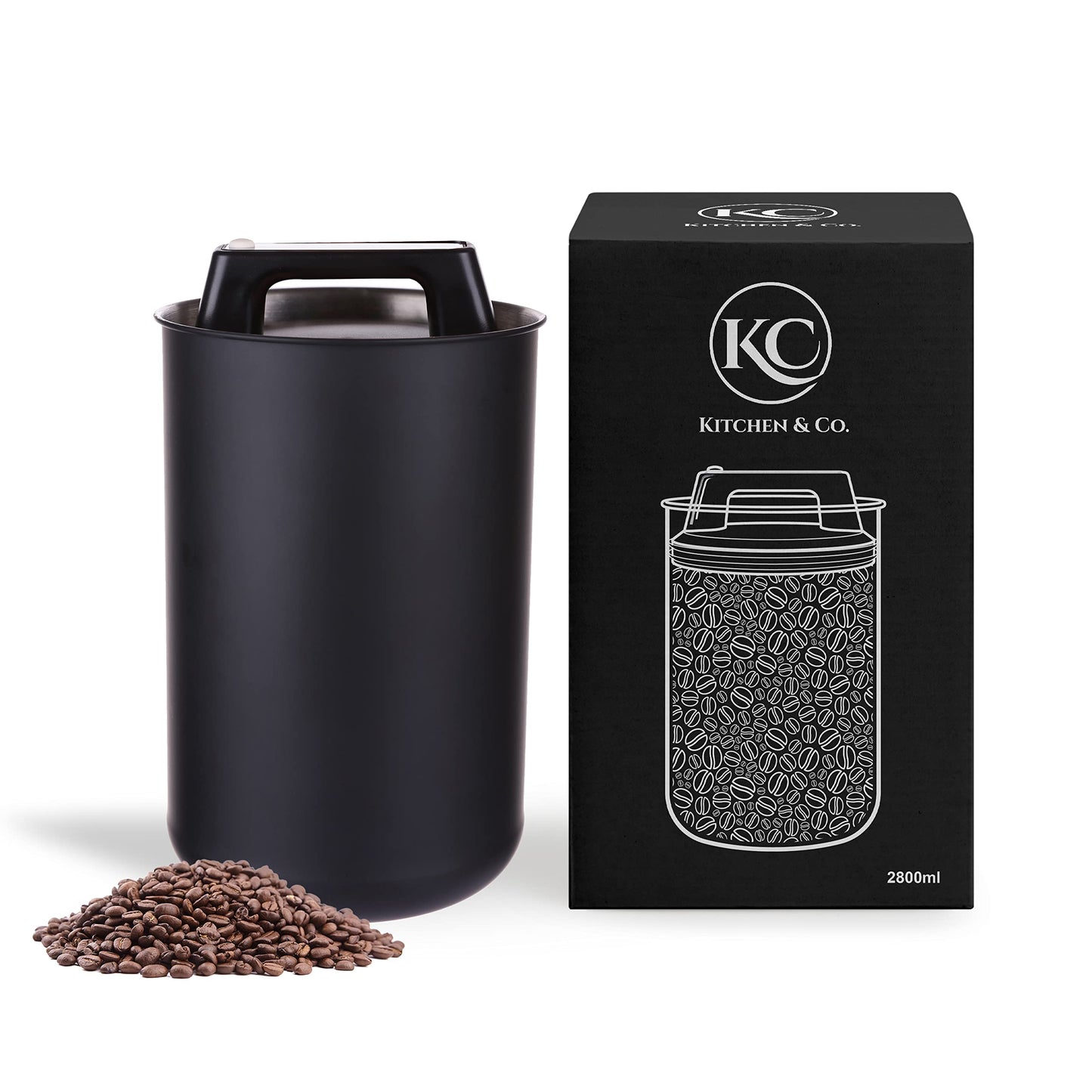 KC Kitchen & Co. Coffee canister airtight for 1 kg coffee beans – Stainless steel storage container with vacuum seal & aroma closure – Storage canister for coffee, tea, sugar, cereal Matte Black (2800 ml)