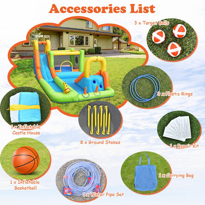 GOPLUS Inflatable Bounce House, Water Slide with 2 Splash Pools, 2 Slides, Climbing Wall, Water Cannon, Basketball Hoop, Toss Game & Target Balls, for 3-10 years, 503 × 290 × 216 cm (Without Blower)
