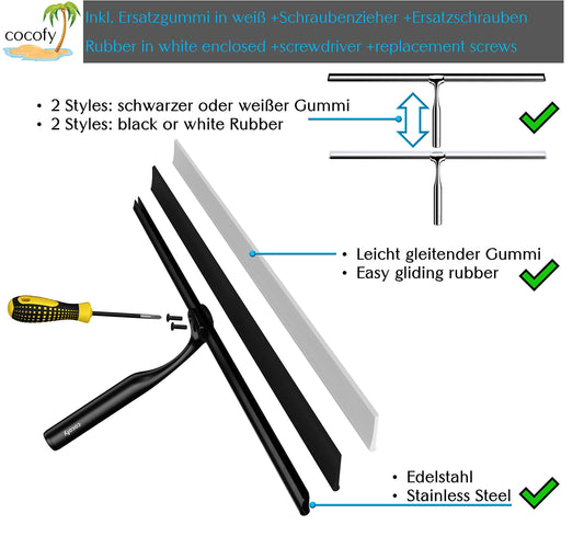 Cocofy shower squeegee black matte wide XXL 45 cm without drilling for shower, tiles with hooks, replacement rubber, microfiber cloth whip shower shower wall squeegee shower cabin squeegee shower squeegee
