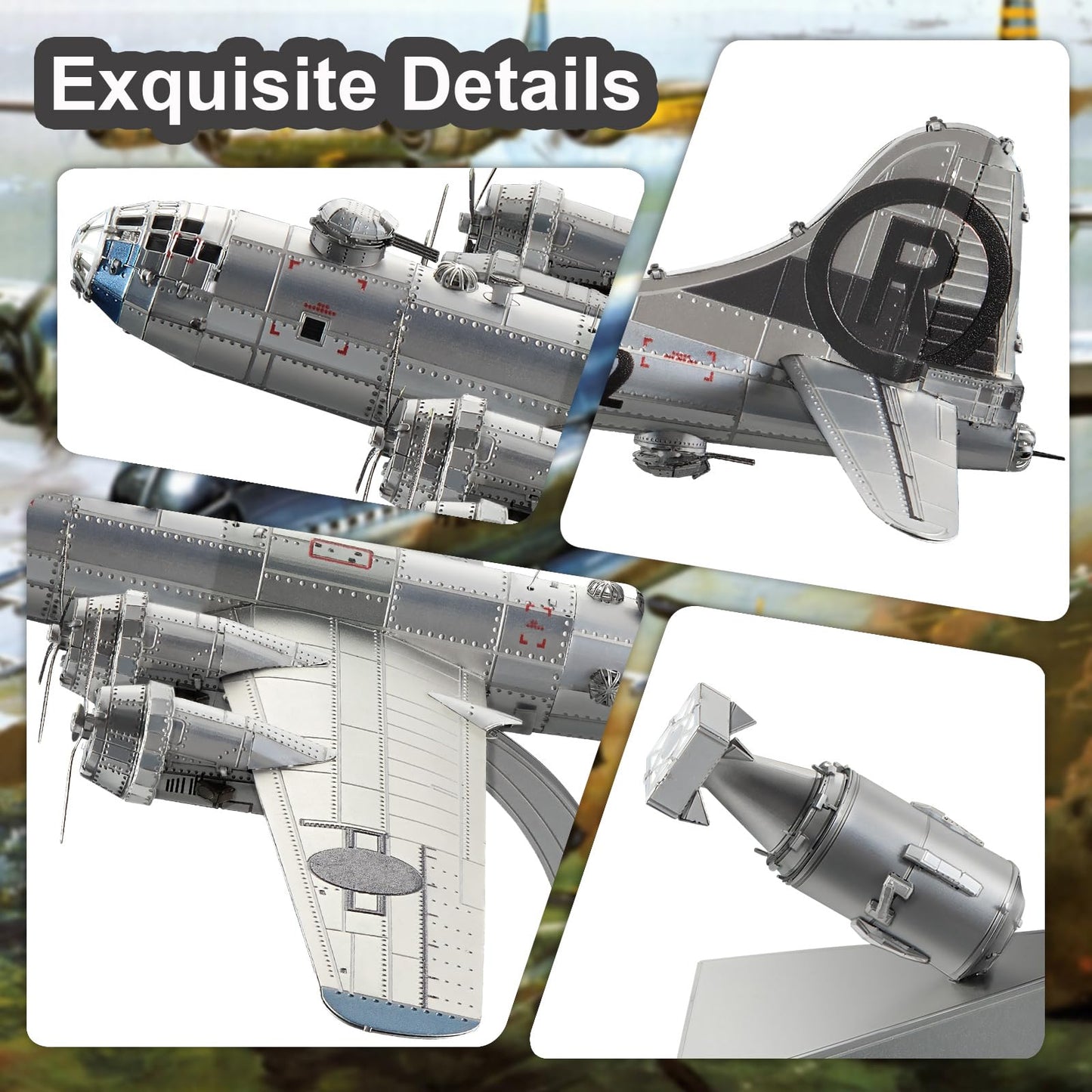 Piececool 3D Metal puzzle aircraft model B-29 Bomber Superfortress, for 340 stainless steel, full metal, 1:1 restore, birthday gift, adult model kit, 150 pieces.
