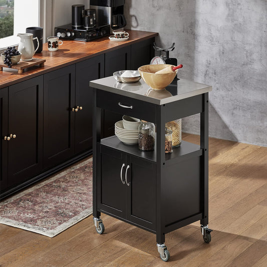 SoBuy Kitchen Cart with Worktop Serving Trolley with Wheels Side Table Wooden Trolley Kitchen Shelf Standing Versatile Kitchen Cabinet for Kitchen, Outdoor & Bedroom Black 60x92x45cm FKW22-SCH