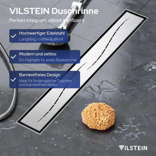 VILSTEIN Shower Drain 50cm, Stainless Steel Floor Drain Complete Set, extra flat, Siphon with odor trap, Hair Sieve - Wave
