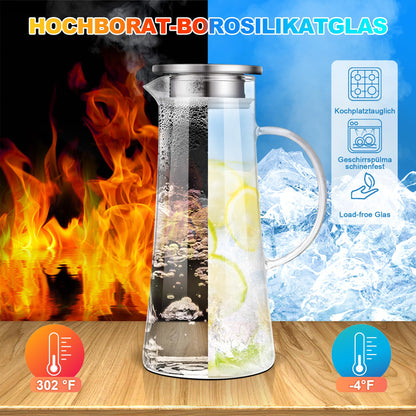 SUSTEAS 1.5 liter glass carafe, carafe with lid, iced tea jug water pitcher hot cold water iced tea wine coffee milk and juice beverage carafe water carafe