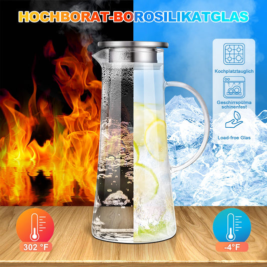SUSTEAS 1.5 liter glass carafe, carafe with lid, iced tea jug water pitcher hot cold water iced tea wine coffee milk and juice beverage carafe water carafe