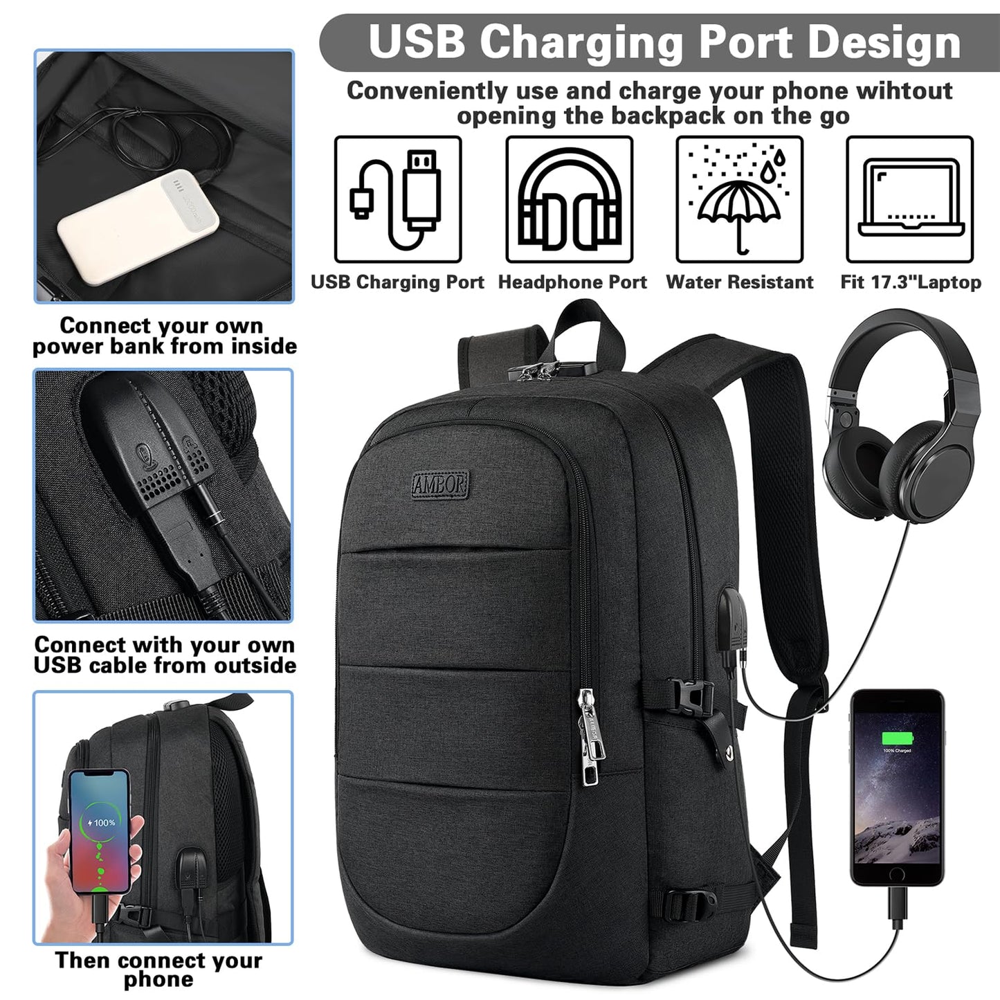 AMBOR Backpack for Men, 17.3 Inch Laptop Backpack School Backpack with USB Charging Port, Women's Anti-Theft Backpack Multifunctional Notebook Bag Waterproof, Black