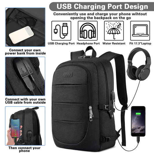 AMBOR Backpack for Men, 17.3 Inch Laptop Backpack School Backpack with USB Charging Port, Women's Anti-Theft Backpack Multifunctional Notebook Bag Waterproof, Black