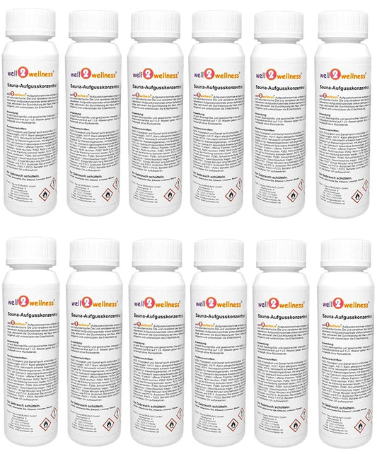 Sauna infusion concentrates set 'Classic + Wellness' with 12 x 125 ml bottles.