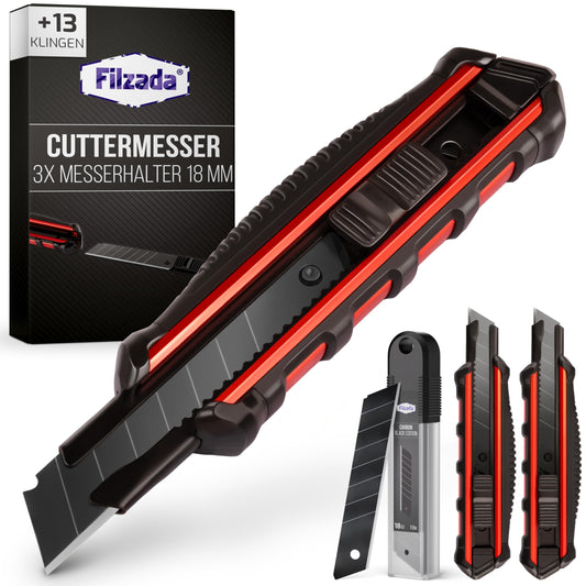 Filzada® 3x Utility Knife Professional incl. 13x Carbon Steel Blades BLACK - Utility Knife 18mm - Robust Carpet Knife Professional - Cutter Knife Set - Metal Utility Knife ULTRA SHARP