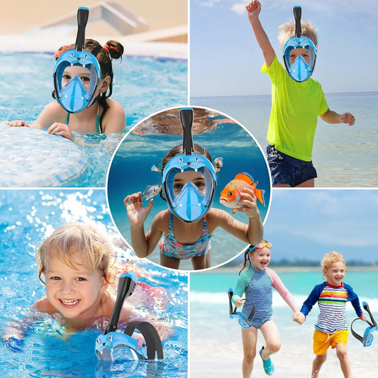 Kids full face snorkel mask - CO2 safe diving mask for ages 6 and up with anti-fog, anti-leak, 180° panoramic view. Includes silicone & carrying bag. (Blue, XS)