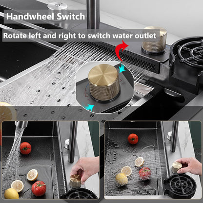 Kitchen sink Stainless steel Sink Black Waterfall Kitchen Sink With Cup Washer, Built-in sink Kitchen sink Glass washer For sink, Integrated sink With faucet Waterfall)