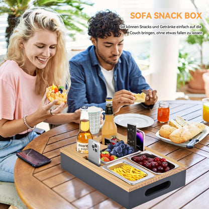 Couch bar snack box, coffee bar with stainless steel snack bowls, bamboo black couch tray, sofa shelf - for bedroom, living room, camping, garden (wood-gray)