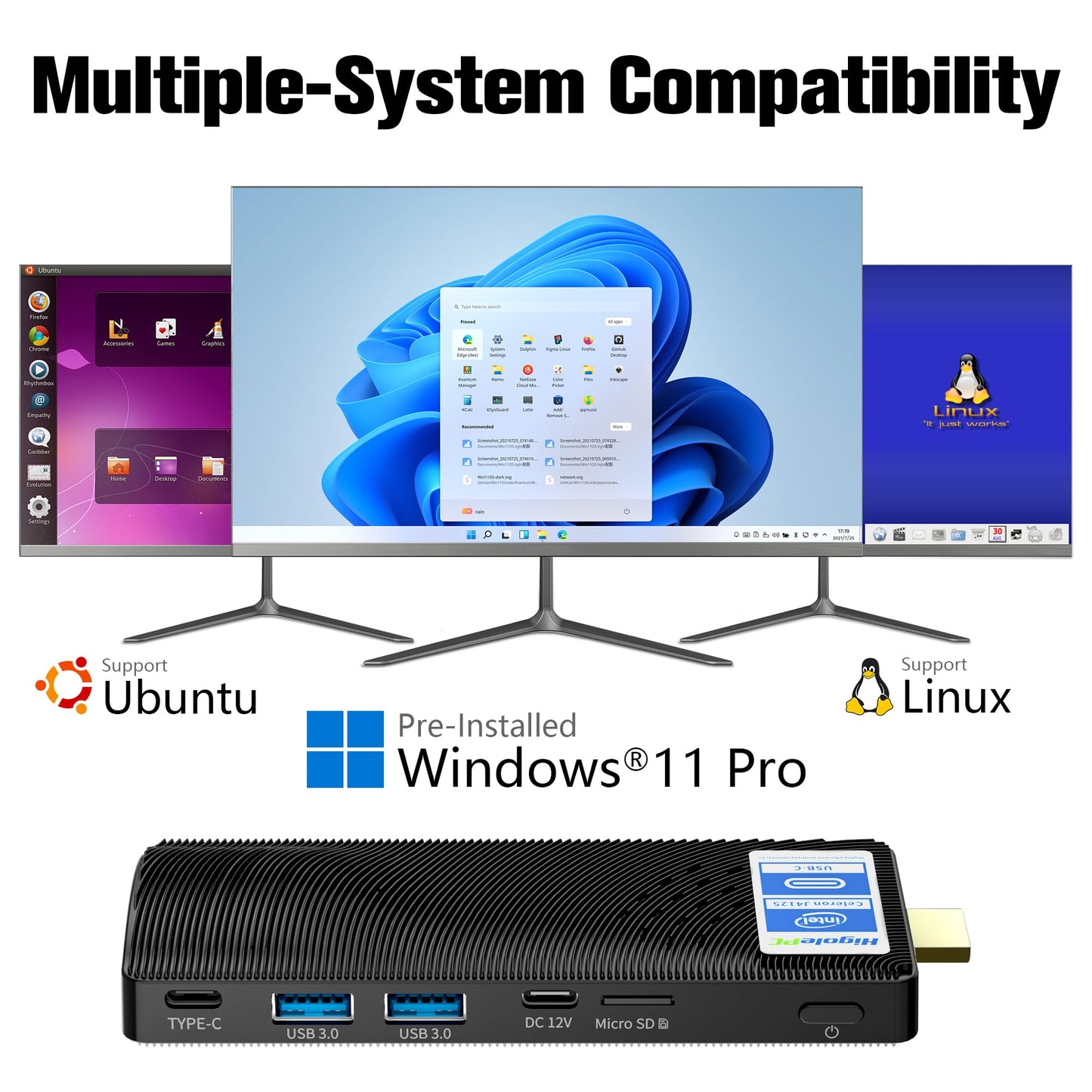 HEIGAOLAPC PC Stick Win 11 Pro, Celeron J4125 8GB DDR4 RAM 128GB eMMC Fanless Mini Computer, Dual WiFi 5.0/BT5.2/4K 60Hz/USB PD3.0 Business Office Industrial IOT Media Home Micro PC