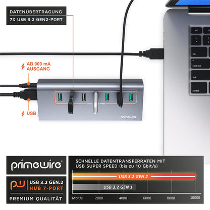 CSL - USB 3.2 Gen2 Hub - 7 Port Distributor active - 10 Gbit/s - Active operation - with power supply - Anthracite metal casing - for PC notebook laptop tablet - for Windows and MacOS