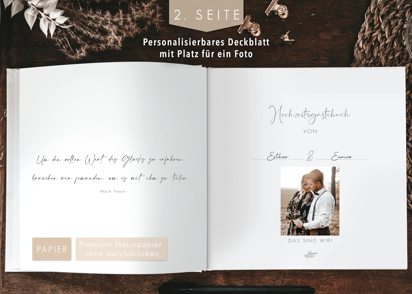 "Love and Air guestbook for wedding with fill-in questions, Vintage, gold foil accents, Hardcover - Eucalyptus"
