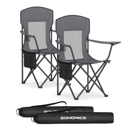 SONGMICS 2-pack camping chair, foldable outdoor chair, fishing chair, high backrest, adjustable armrests, drink holder, up to 150 kg load capacity, camping garden, slate grey GCB028G01