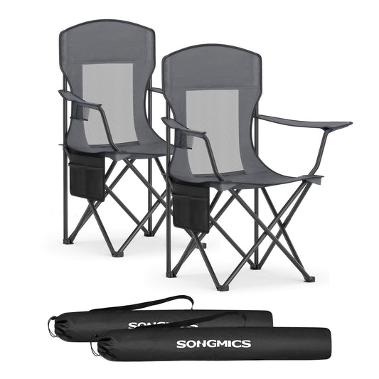 SONGMICS 2-pack camping chair, foldable outdoor chair, fishing chair, high backrest, adjustable armrests, drink holder, up to 150 kg load capacity, camping garden, slate grey GCB028G01