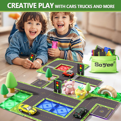 Soyee 56 Magnetic Building Blocks Road Toppers Children's Toy for 3 year old Boys Girls Magnetic Tiles Preschool Learning Activities Gift for Toddlers Children Ages 3 4 5 6