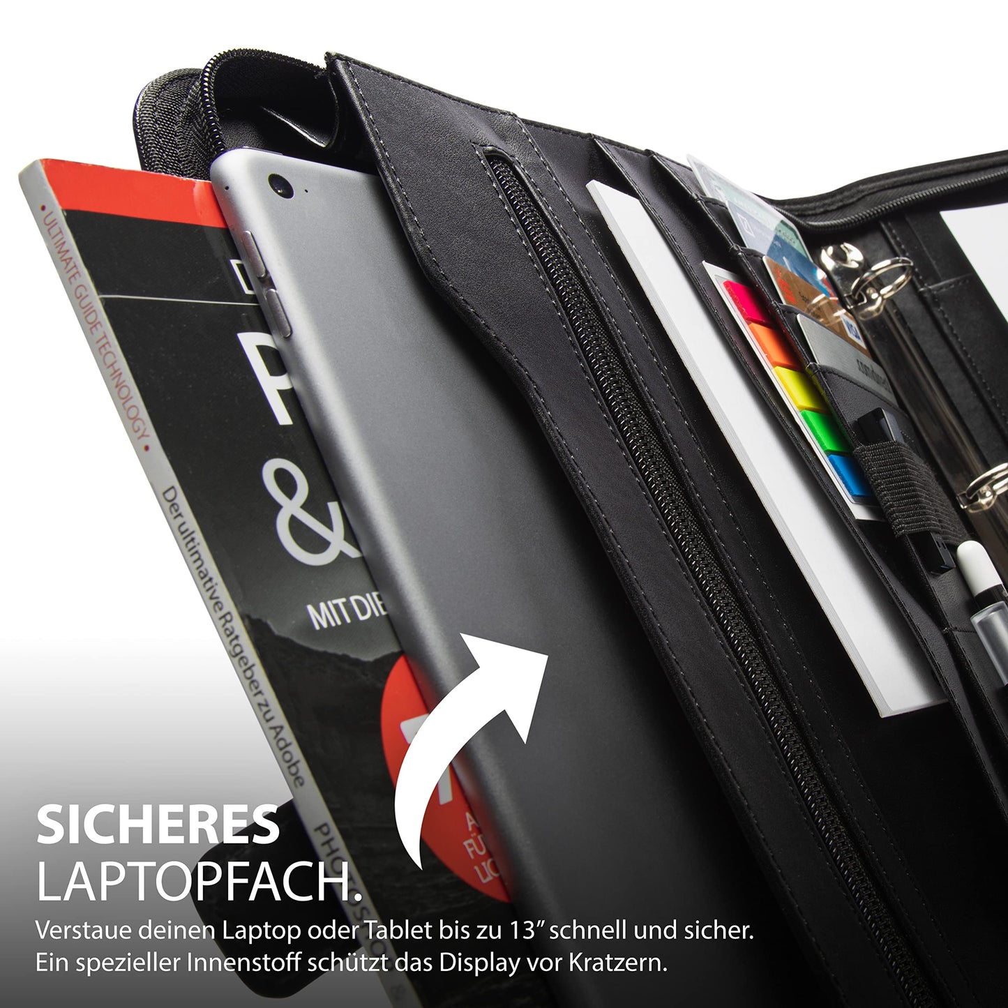 Vebon® A4 Ringbinder Portfolio "Berlin" with zipper and clipboard. Conference folder + laptop case with extra storage. Pink faux leather.