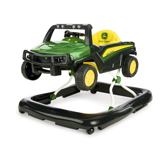 Bright Starts, John Deere Gator 4-in-1 Walk Behind Activity Toy features height-adjustable, foldable design for two kids, with sounds and lights.