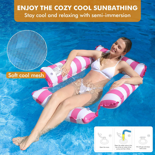 Inflatable pool float chair lounge for adults and kids, swimming, striped float hammock for pool party summer water fun (Pink+Yellow)