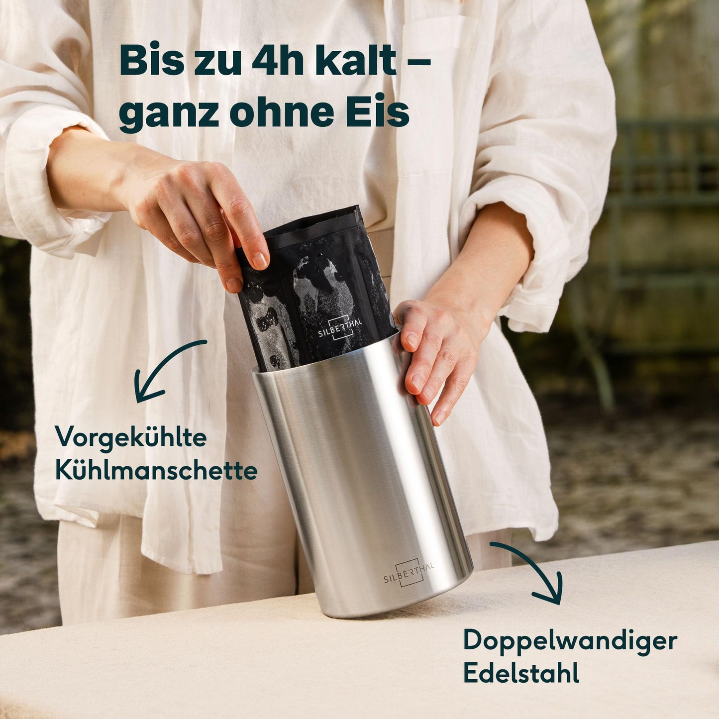 SILBERTHAL Wine Cooler Stainless Steel Double-walled with 2 Cooling Elements - Active Cooling with Cooling Sleeves - Ideal for White Wine and Rosé