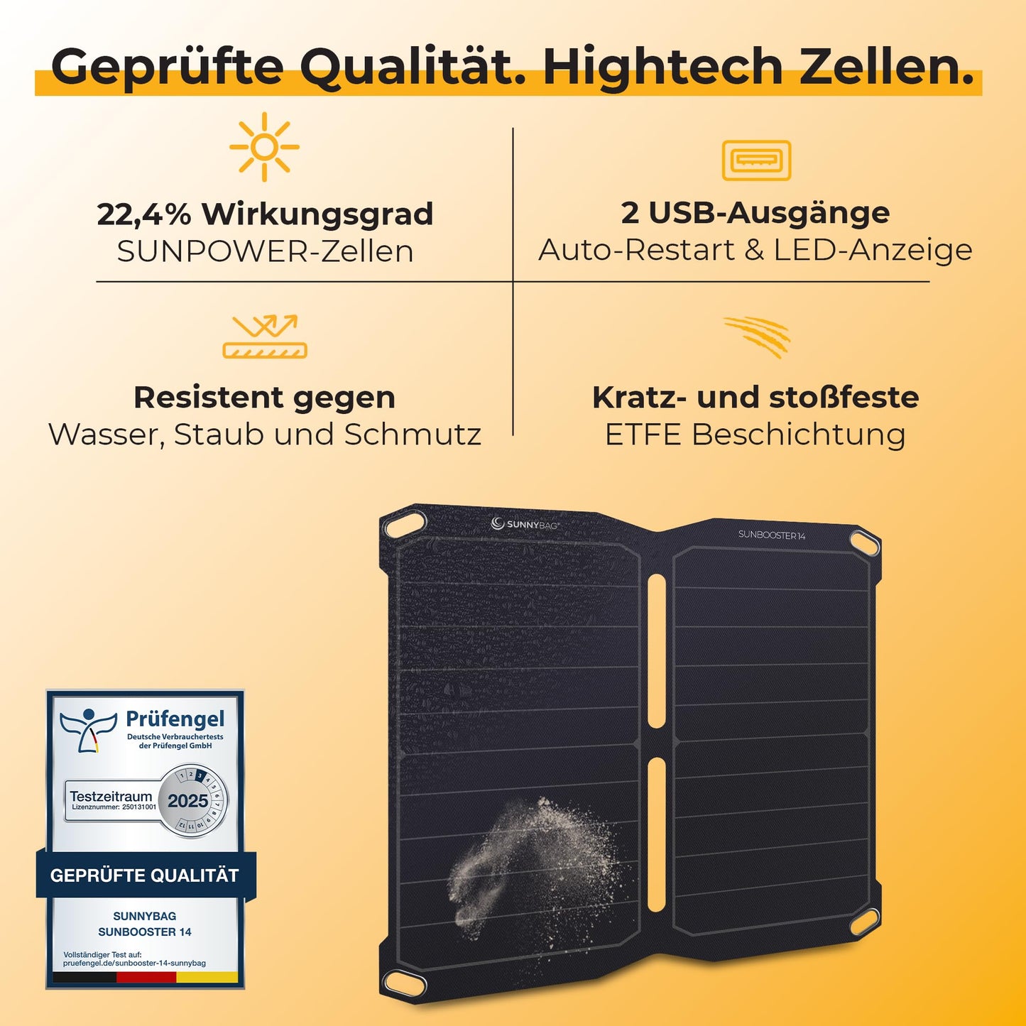 Sunnybag® SUNBOOSTER 14 Solar Panel [Foldable & Efficient!] - Solar Charger (Waterproof & Robust) - Solar Panel with 2X USB for Hiking, Camping & Outdoor - perfect for Phone & Powerbank (14W Power)