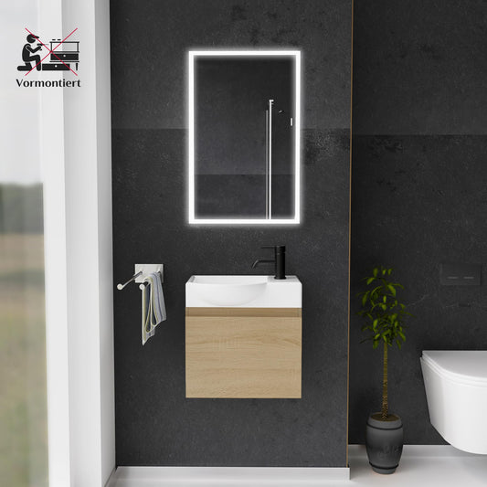 Alpenberger washbasin with cabinet | Guest WC sink small 45 cm wide | Countertop basin with washbasin cabinet | Bathroom hanging cabinet | Light oak washbasin cabinet