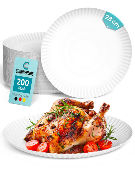 Commerline 200 Pack Round Paper Plates Ø28 cm | High-quality Disposable Plates for Cakes, Parties & Snacks | Disposable Tableware & Single-use Plates for Food, Birthdays & Catering