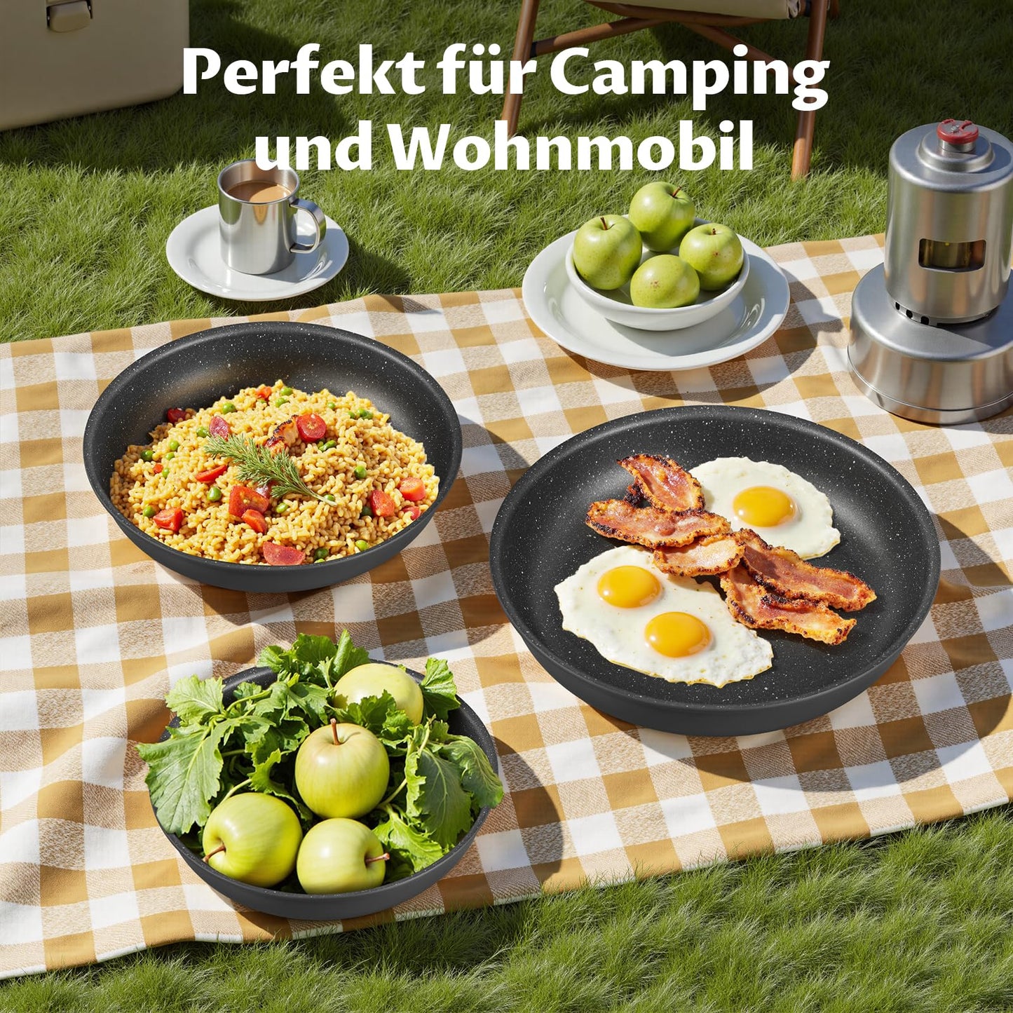 Fadware induction pan set with 20, 24, and 28 cm non-stick frying pans. Removable handle, suitable for all hob types. PFOA and PFAS free, oven safe, easy to clean, great for camping.