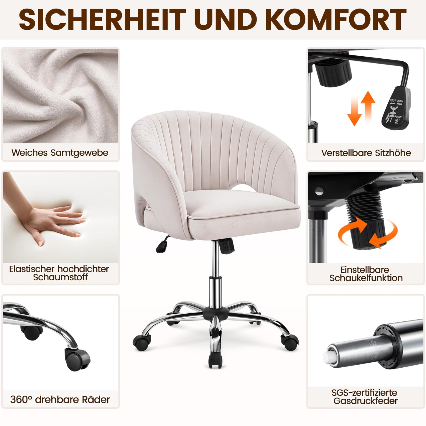 Yaheetech Makeup Chair with Velvet Cover, Office Chair with Armrests, Swivel Chair with Casters, Height Adjustable Home Office Chair, Office Chair with Rocking Function, Rotatable Upholstered Chair Cream White