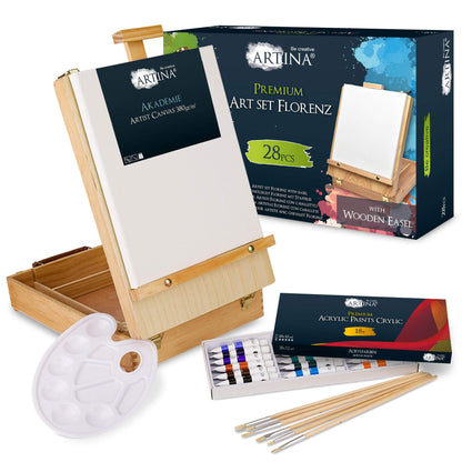 Artina 28 piece painting set Florence in a painting case - Acrylic paint set with portable easel - 18x 12ml acrylic paint, canvases, brushes & more - Premium wooden easel painting set for beginners & hobby artists.