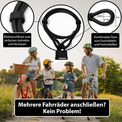 Kohlburg cable lock 2 meters long - lock with key easy to close - 2m loop cable for bike & garden furniture - steel cable 200 cm as bike lock, trailer & stroller