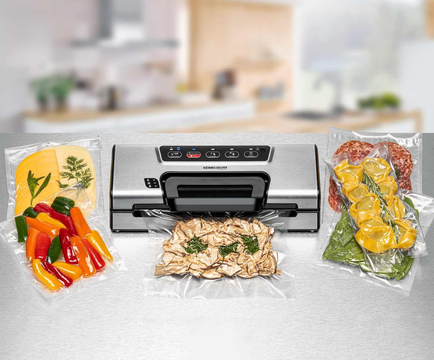 ROMMELSBACHER vacuum sealer VAC 385, 12 liters/minute, one-hand operation, roll storage, strong sealing seam, hose connection for containers, automatic & manual vacuuming and sealing, stainless steel