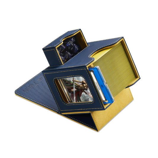 Mage Tech Commander Deckbox for MTG - Patented design, Commander display, fits 100 double sleeved cards, 35pt magnetic card holder & dice tray - Blue/Yellow