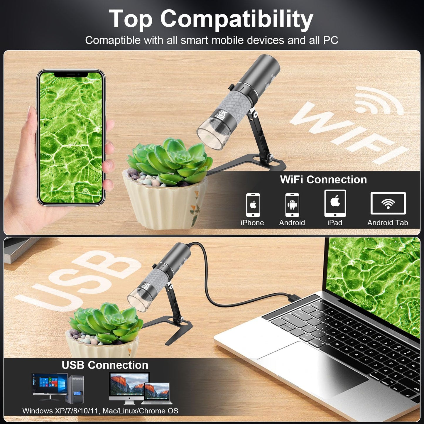 Ninyoon 4K WiFi Microscope Upgraded Stand for iPhone Android PC, 50-1000X USB Digital Microscope Wireless HD Endoscope Camera for All Mobile Phones iPad Android Tablet Windows Mac Chrome Linux
