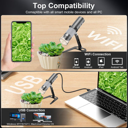 Ninyoon 4K WiFi Microscope Upgraded Stand for iPhone Android PC, 50-1000X USB Digital Microscope Wireless HD Endoscope Camera for All Mobile Phones iPad Android Tablet Windows Mac Chrome Linux