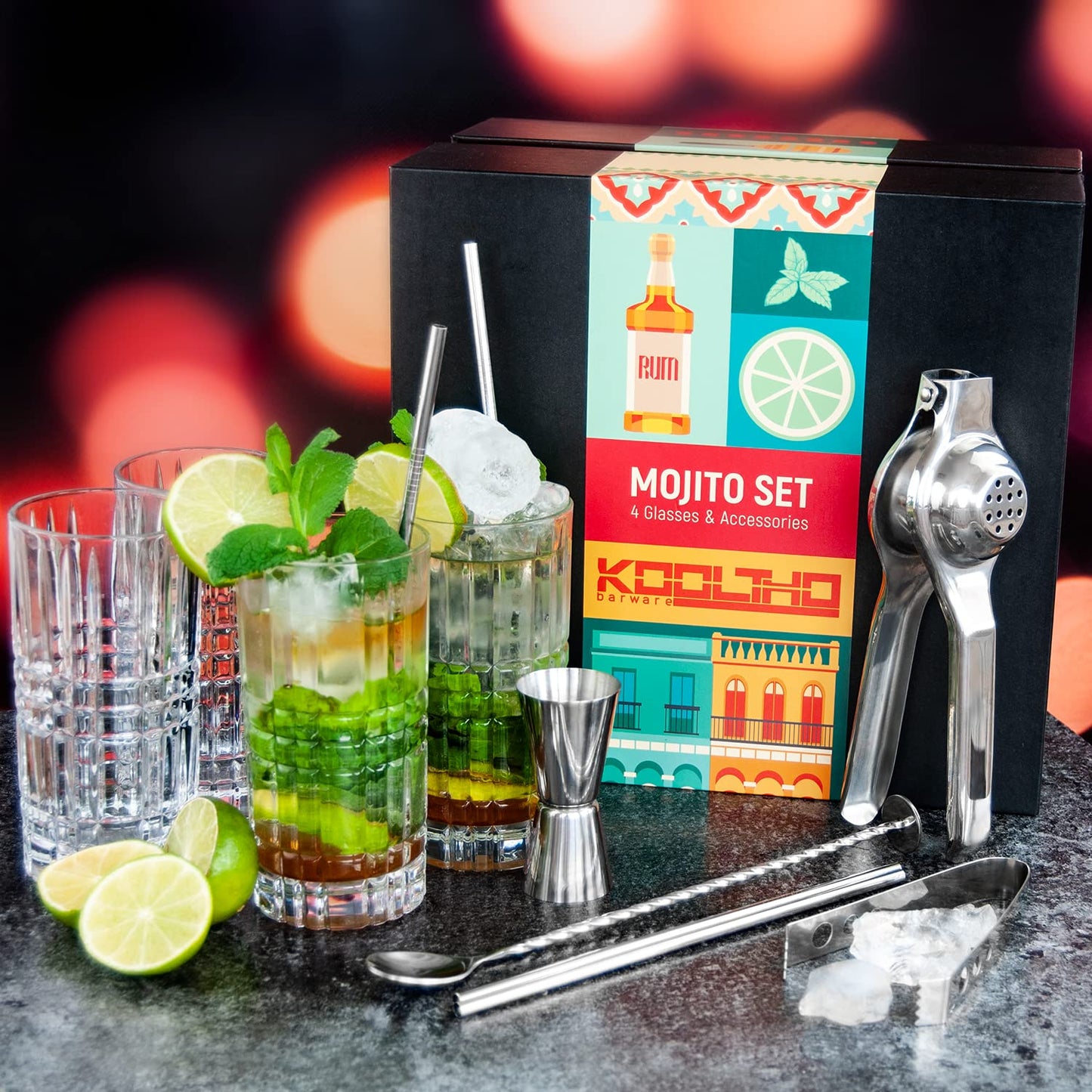 Mojito Glass Set Cocktail Gift Set, Gift Cocktails Glass 4 Piece Set Accessories Lemon Squeezer, 4 Stainless Steel Straws Measuring Cup Spoon Gift Box, Gifts for Women Men