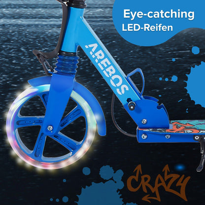 Arebos City scooter kick scooter blue adjustable in height | foldable | including carrying strap | LED wheels | hand-push brake | front-rear suspension | for kids & adults | supports up to 100kg | kick scooter