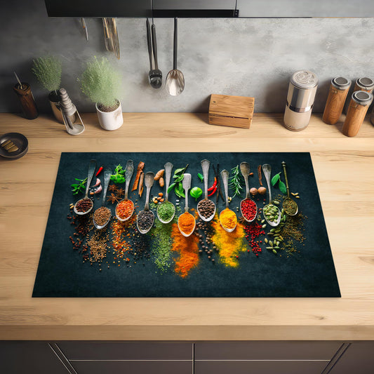 KitchenYeah© stove cover One-piece glass ceramic hob cover for induction protection ceramic hob cover vinyl stove covers herbs - spices - spoon - pepper - 78x52 cm