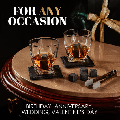 Whiskey gift set – Whiskey glasses, stones, ice tongs, coasters, wooden chest, velvet pouch, history and recipe cards – accessory set, gift for men, husband by Royal Reserve.