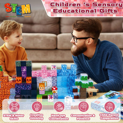 ToyUnited Magnetic Building Blocks 150 Pieces Magnet Blocks "Dragon Adventure" - Fantasy world with volcano, knights & magical cherry blossoms, toy for kids ages 4 5 6 7 8 9 years